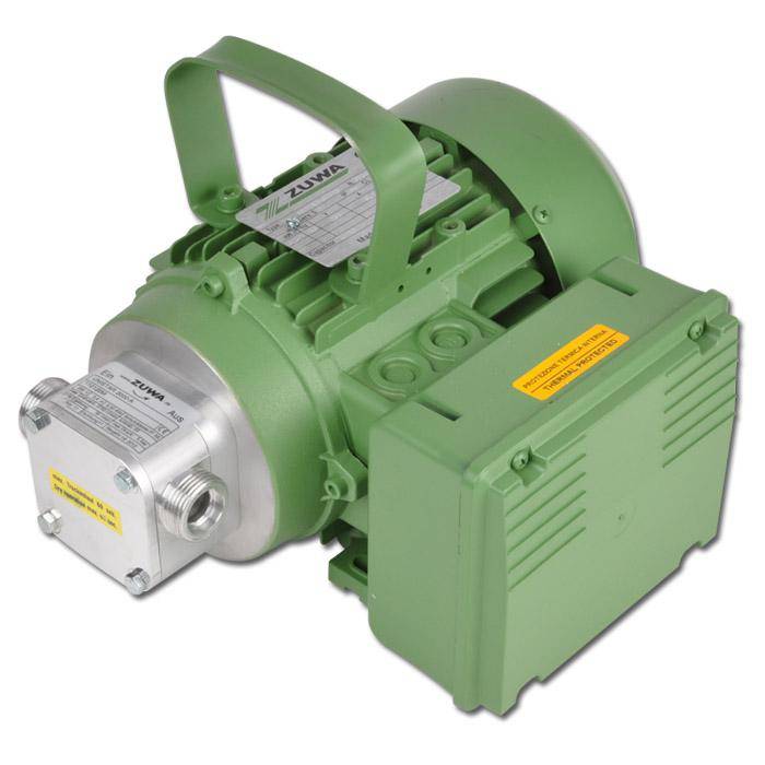 Grüne Industrie-Motor- oder Pumpeinheit mit Tragegriff und Metallendkappe, dargestellt auf weißem Hintergrund.