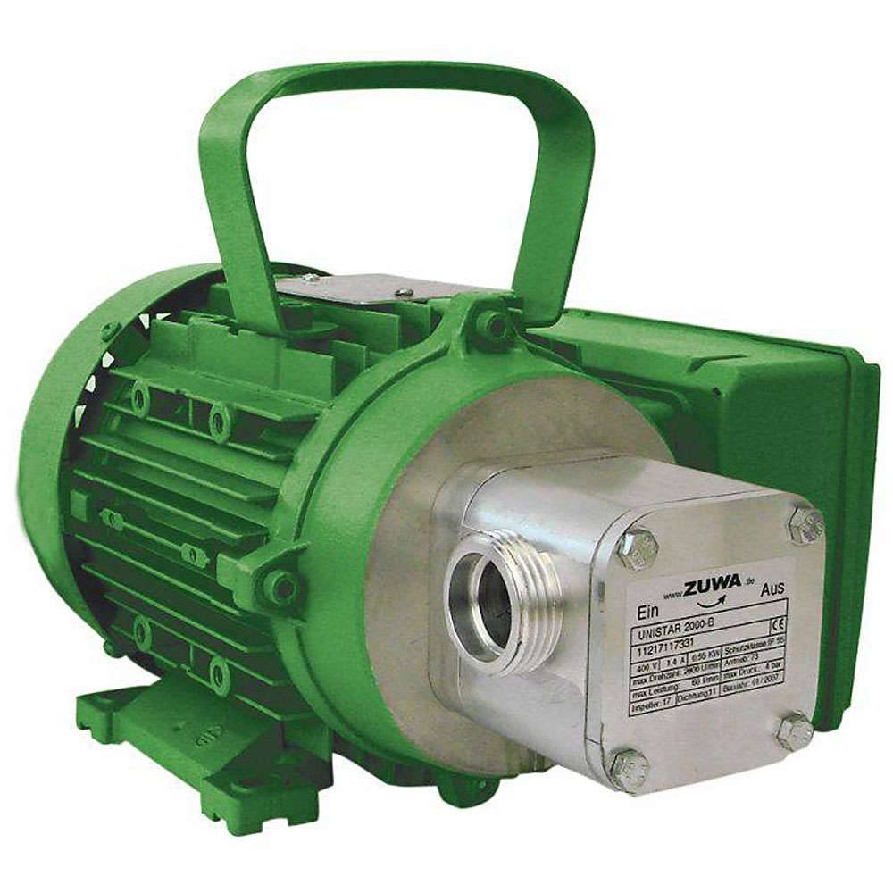 Grüner Elektropumpenmotor mit Tragegriff und silberfarbenem Frontgehäuse, isoliert auf weißem Hintergrund dargestellt.