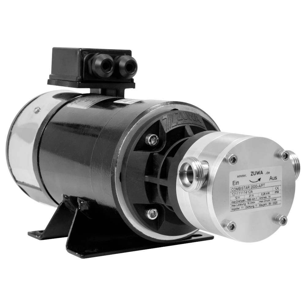 Industrielle Elektropumpenmotor-Baugruppe mit schwarzem zylindrischem Gehäuse, silberner Endkappe und montierter schwarzer Schaltkastens auf weißem Hintergrund.