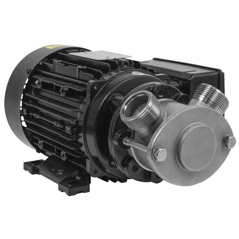 Industrieller Elektromotor für Pumpen mit Metallpumpenkopf und Gewinde-Einlass- und Auslassanschlüssen, dargestellt auf weißem Hintergrund.