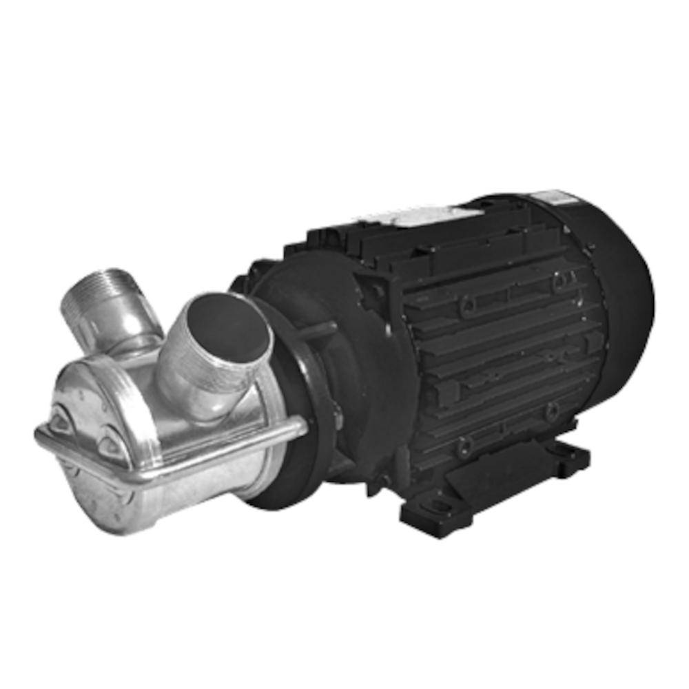 Elektrische Pumpe mit einem schwarzen Motor, der an einem silberfarbenen Metallpumpengehäuse befestigt ist, auf weißem Hintergrund dargestellt.