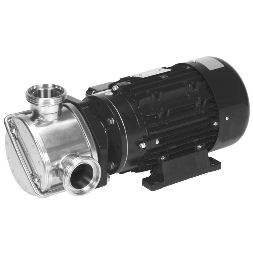 Elektrische Wasserpumpe mit Edelstahlgehäuse und schwarzem Motor auf weißem Hintergrund.