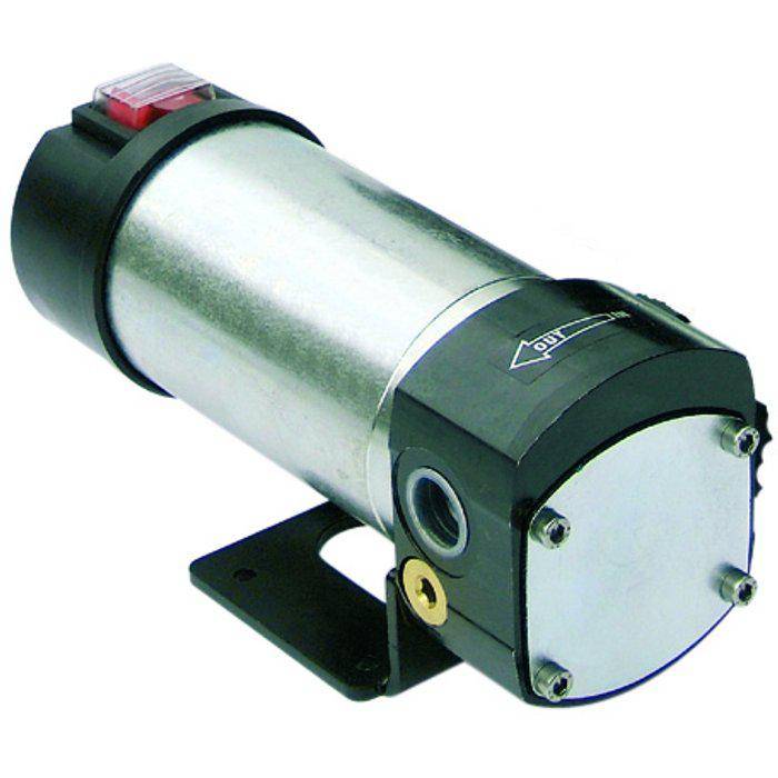 Ein kleiner zylindrischer metallischer Elektromotor oder eine Pumpe mit schwarzen Endkappen und einer Montagebasis, dargestellt auf weißem Hintergrund.