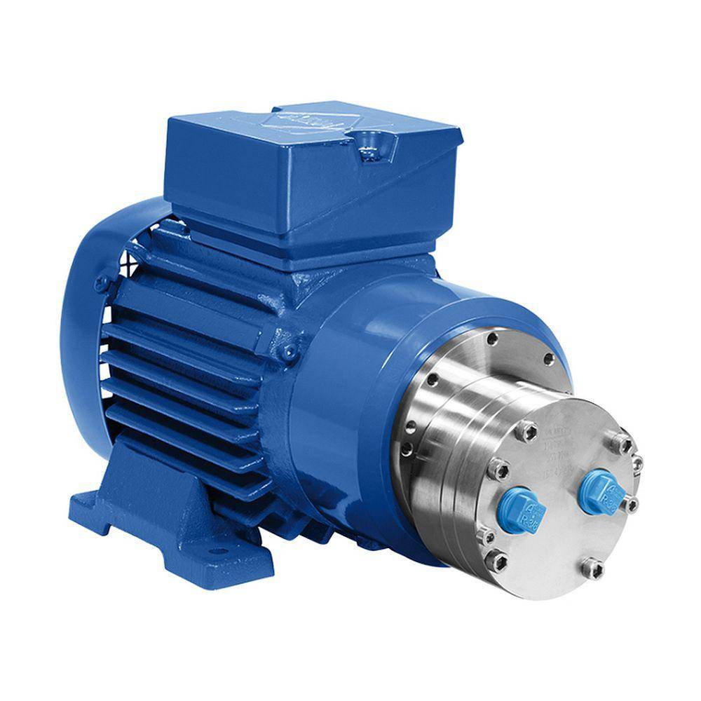 Blauer Industrieelektromotor mit silberfarbenem zylindrischem Frontgehäuse und Montagebasis, dargestellt vor weißem Hintergrund.