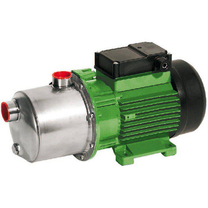 Eine grüne Elektromotorentumpe mit silberfarbenem zylindrischem Pumpengehäuse und schwarzem Anschlusskasten, dargestellt auf weißem Hintergrund.