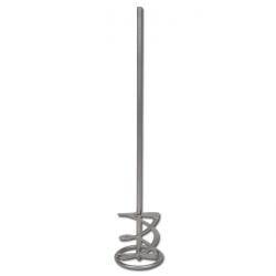 Ein silberfarbener Metallfarb-Mixer mit einer Spiralmischerdesign, der zum effektiven Rühren von Farbe und anderen Flüssigkeiten verwendet wird.