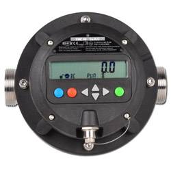 Nahansicht eines digitalen Durchflussmessers mit einem Display, das '0,0' anzeigt. Verfügt über Bedientasten und Metallverbindungen auf beiden Seiten.