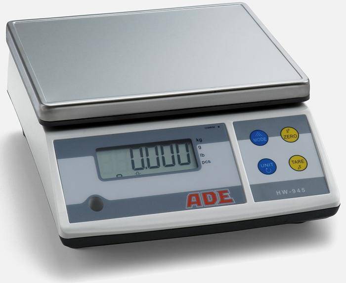 Digitale Tischwaage mit Edelstahlplattform und LCD-Display zeigt 0.000 an, mit Modus-, Null-, Einheits- und Tarier-Tasten.