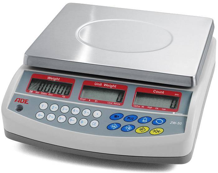 Elektronische digitale Waage mit Edelstahlplattform, drei Anzeitefenster für Gewicht, Einheitsgewicht und Anzahl, sowie Tastatursteuerung.