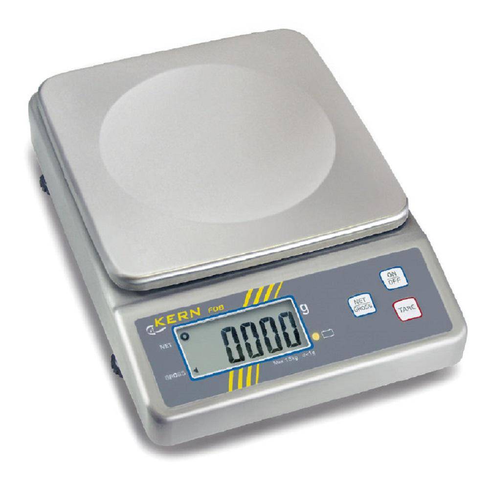 Digitale Tischwaage mit flacher Metallplattform und LCD-Display, das 0.000 anzeigt; Tasten für Ein-/Ausschalten, Tara und Halten.