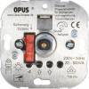 Ein quadratischer Metall-Drehregler für die Lichtstärke mit Einstellreglern und dem sichtbaren Markennamen „OPUS
