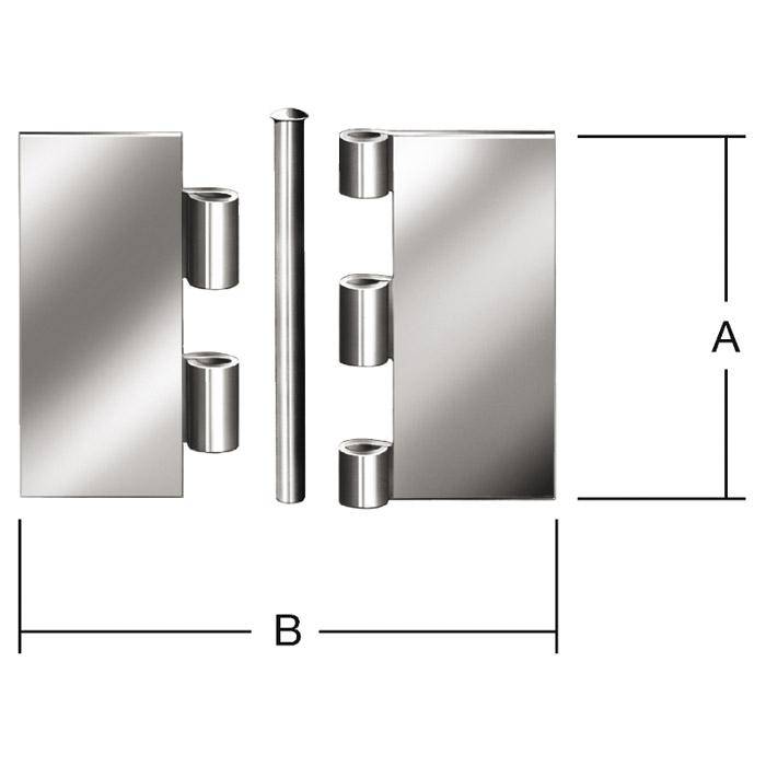 Diagramm eines Türscharniers mit zwei Blattplatten und einem zentralen Stift, mit Gesamtabmessungen mit A vertikal und B horizontal bezeichnet.