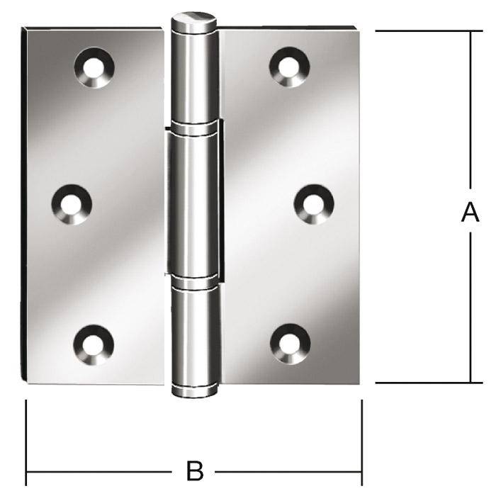 Diagramm eines Metallturschaniers mit Dimensionsbeschriftungen A für die Höhe und B für die Breite.
