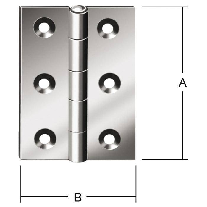 Diagramm eines Metallturnierscharnier mit Dimensionsbeschriftungen A für Höhe und B für Breite.