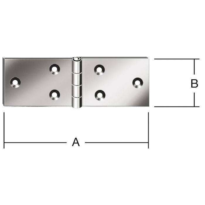Diagramm eines Scharniers mit den Bezeichnungen A und B, das die Gesamtbreite A und die Höhe B mit Befestigungslöchern auf beiden Flügeln zeigt.