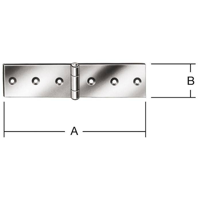 Diagramm eines Metallscharniers mit Dimensionsbeschriftungen A für Länge und B für Höhe.