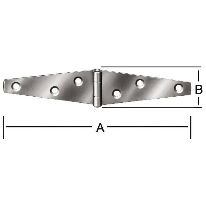 Metallisches Scharnier mit Beschriftungen der Abmessungen A für Länge und B für Höhe, mit mehreren Schraubenlöchern auf beiden Flügeln.