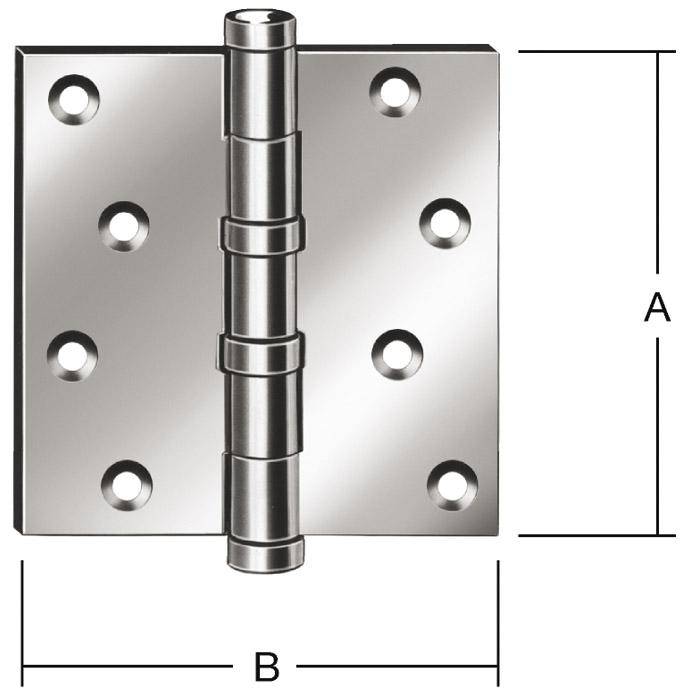 Silberfarbenes Metalltürscharnier mit Löchern, in Frontansicht dargestellt mit Dimensionsbeschriftungen A für Höhe und B für Breite.