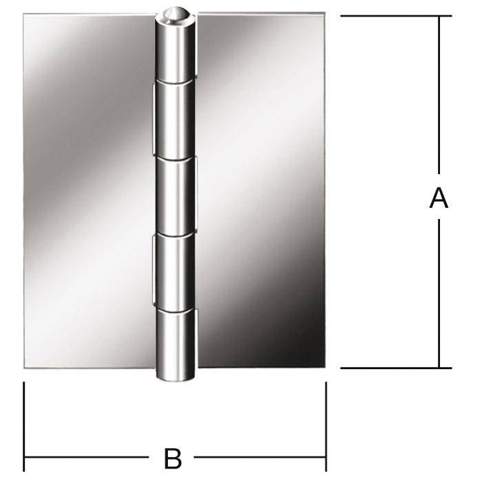 Metallische Türscharnier mit Dimensionsmarkierungen A und B, die Höhen- und Breitenmessungen zeigen.