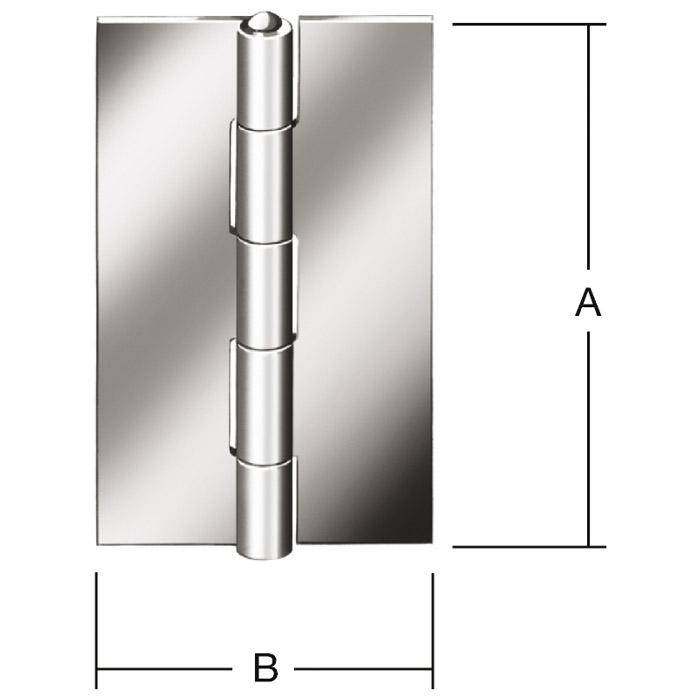 Technisches Diagramm eines Metalltürscharniers mit markierter vertikaler Dimension A und horizontaler Dimension B.