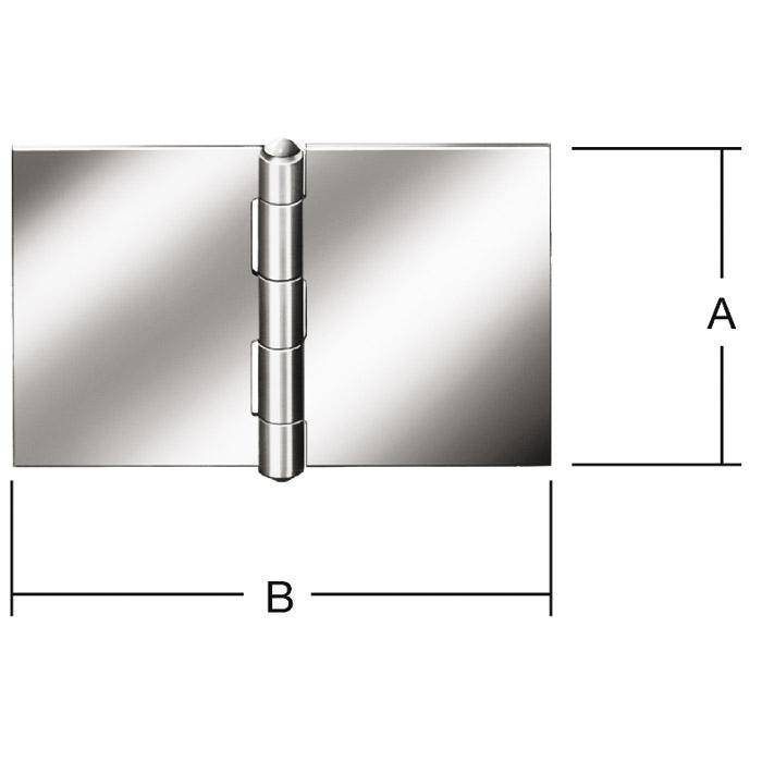 Diagramm eines Scharniers mit Messbeschriftungen A für die Höhe und B für die Breite auf einem rechteckigen Panel.