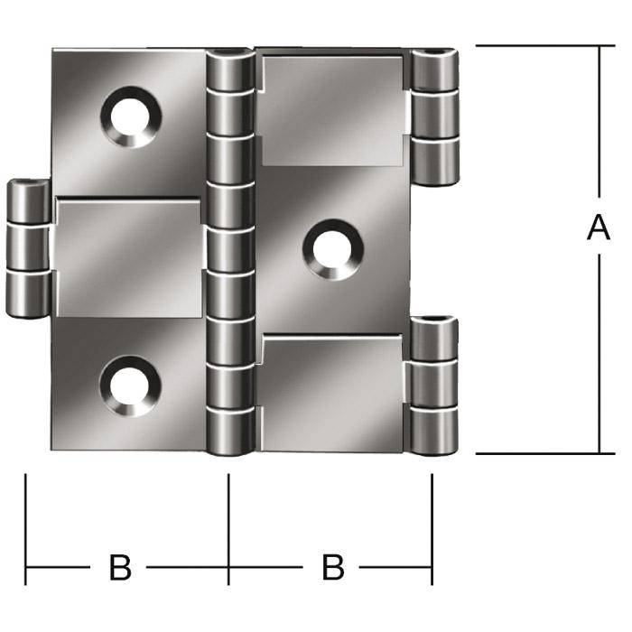 Diagramm eines Türbandes mit zwei Blättern, Schraubenlöchern und Maßbezeichnungen A für die Höhe und B für die Breite jedes Blattes.