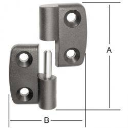 Metallisches Scharnier mit drei kreisförmigen Schraubenlöchern, beschriftet mit den Abmessungen „A