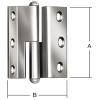 Ein Metallscharnier mit sechs Schraubenlöchern, drei auf jeder Seite. Abmessungen gekennzeichnet als A (vertikale Länge) und B (horizontale Breite).