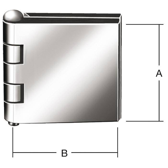 Diagramm eines Scharniers mit Maßpfeilen, wobei A für die Höhe und B für die Breite bezeichnet ist.