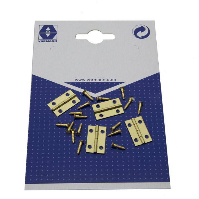 Paket mit kleinen messingfarbenen Scharnieren mit Schrauben auf blauer und silberner Vormann-Verpackung