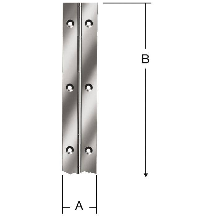 Metallscharnier-Diagramm mit Maßmarkierungen A für Breite und B für Länge