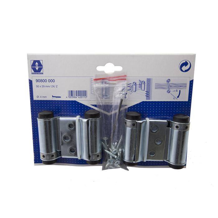 Verpackte silberfarbene Metalltürscharniere mit Schrauben auf einer blau-weißen Rückseite.