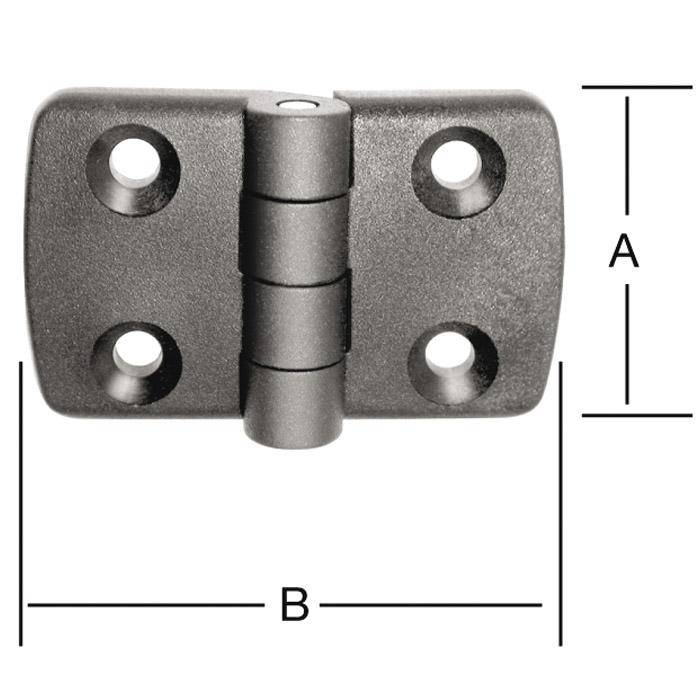 Graues Metallscharnier mit vier Befestigungslöchern, shown front view with dimension labels A und B.