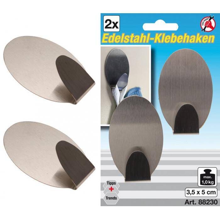 Edelstahl-Klebehaken - Ovale Form - 3,5 cm x 5 cm - Traglast max. 1,0 kg - 2-tlg.