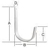 Metallhaken in Form eines 'U', mit Maßangaben: A (Höhe), B (Basisbreite), D (Dicke) und C (Aufrechter Abschnitt). Einfaches Diagrammformat.