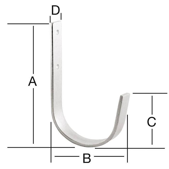 Beschriftetes Diagramm einer Metall-J-Haken-Halterung mit den Abmessungen A, B, C und D für Höhe, Breite und Hakenmessungen.