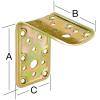 Metallwinkel mit den beschrifteten Abmessungen A, B und C, der verschiedene Löcher für Schrauben oder Bolzen aufweist. Wird zur Verstärkung von Verbindungen verwendet.