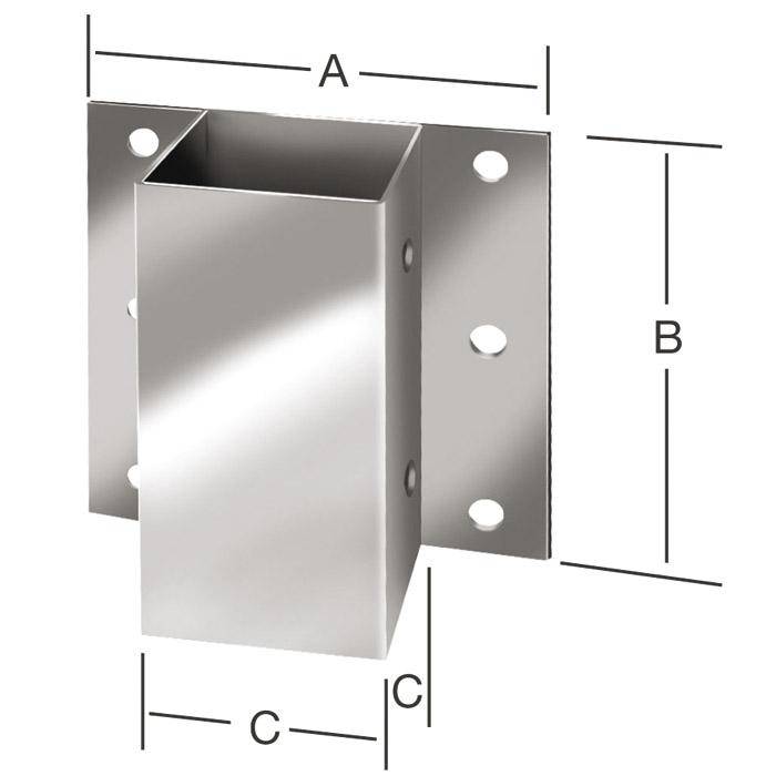 Metallisches rechteckiges Montageklammern mit einem quadratischen Rohr, das hervorsteht, gekennzeichnet mit A, B und C, um die Gesamtbreite, Höhe und Tiefe anzuzeigen.