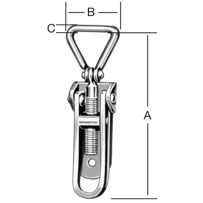 Diagramm eines Metallschnapphakenclips mit Bemaßungslinien mit den Bezeichnungen A, B und C, die Gesamtlänge und Breitenmessungen zeigen.