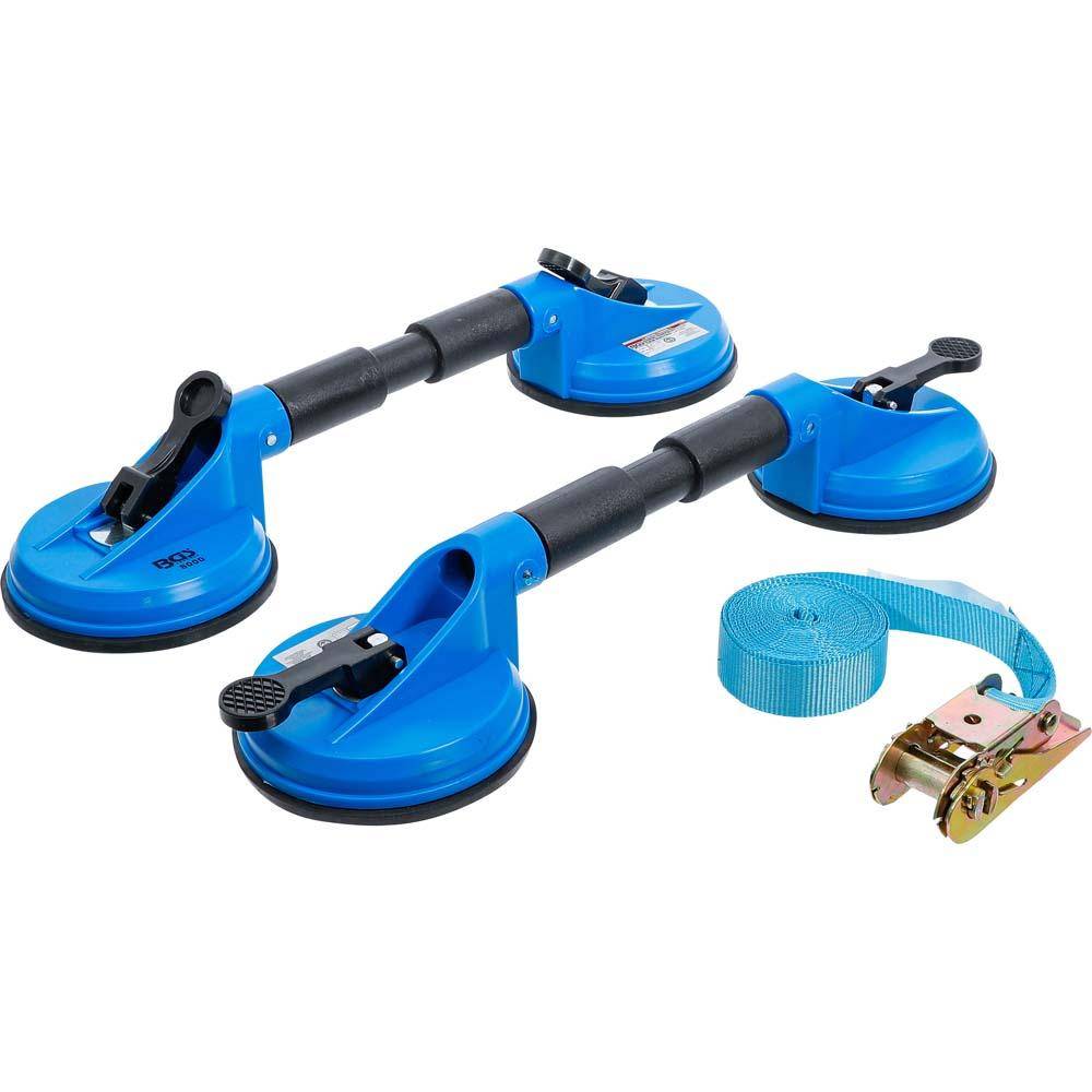 Scheibenträger-Satz - 2 Gummi-Doppelsauger und 1 Ratschenspannband - Tragkraft/Set 120 kg