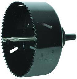 Ein Metallholzlochsäger mit gezackten Zähnen und einem zentral angebrachten Bohrer, der zum Schneiden von kreisrunden Löchern in verschiedenen Materialien verwendet wird.