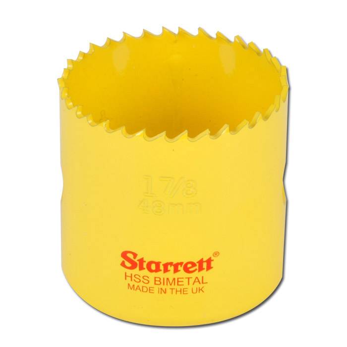 Gelbes Starrett HSS-Bimetall-Lochsägeblatt, 1 7/8 Zoll (48 mm), auf weißem Hintergrund dargestellt.