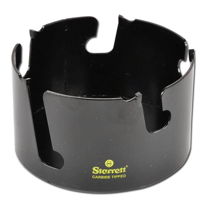 Schwarze Starrett Hartmetall-bestückte Lochsäge mit gezahnten Ausschnitten und einem vorderen Logo, dargestellt auf weißem Hintergrund.