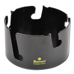 Eine schwarze, hartmetallbestückte Loch-Säge von Starrett mit kreisförmiger Gestalt und gezackten Kanten zum Bohren von Löchern, auf der das Markenlogo in Gelb angebracht ist.