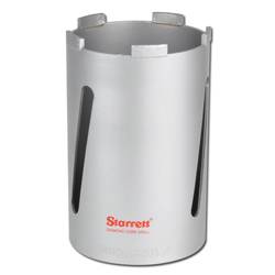 Ein Metallkernbohrer mit Seitenöffnungen und dem Markennamen 'Starrett', der in Rot auf der Außenfläche gedruckt ist.