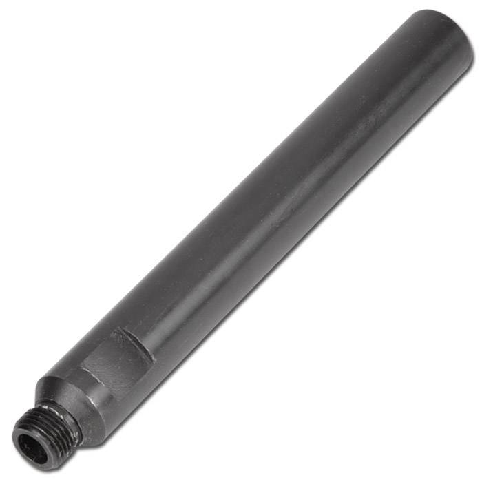 Schwarze zylindrische Metallantenne mit Gewinde-Basis, isoliert auf weißem Hintergrund dargestellt.