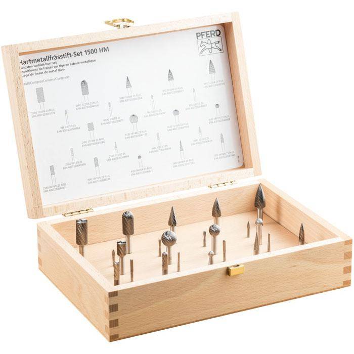 Frässtifte-Set - PFERD - 22 HM-Frässtifte - Schaft-Ø 3 und 6 mm - in Holzbox