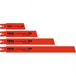 Vier rote REMS Säbelsägeblätter, beschriftet mit 150, 200, 300 und 400 mm, diagonal von kürzester zu längster Klinge angeordnet.