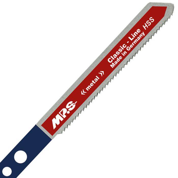 Rote Metallsägeblatt mit blauem Griff, beschriftet mit „MPS Classic-Line HSS
