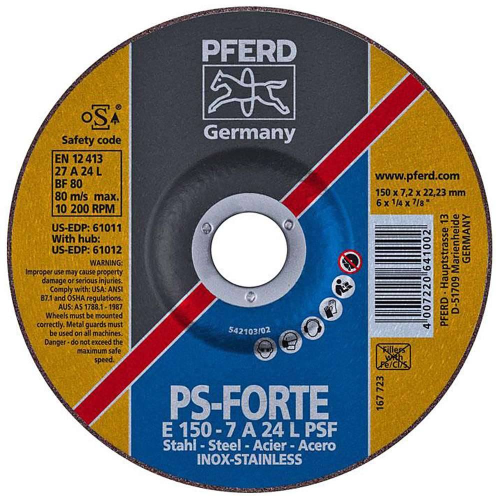 Schruppscheibe - PFERD - für Stahl/INOX - Härtegrad L - Ø 150 mm - Bezeichnung E 150-7 A 24 L PSF/22,23 - Maße (D x U x H) 150 x 7,2 x 22,23 mm -